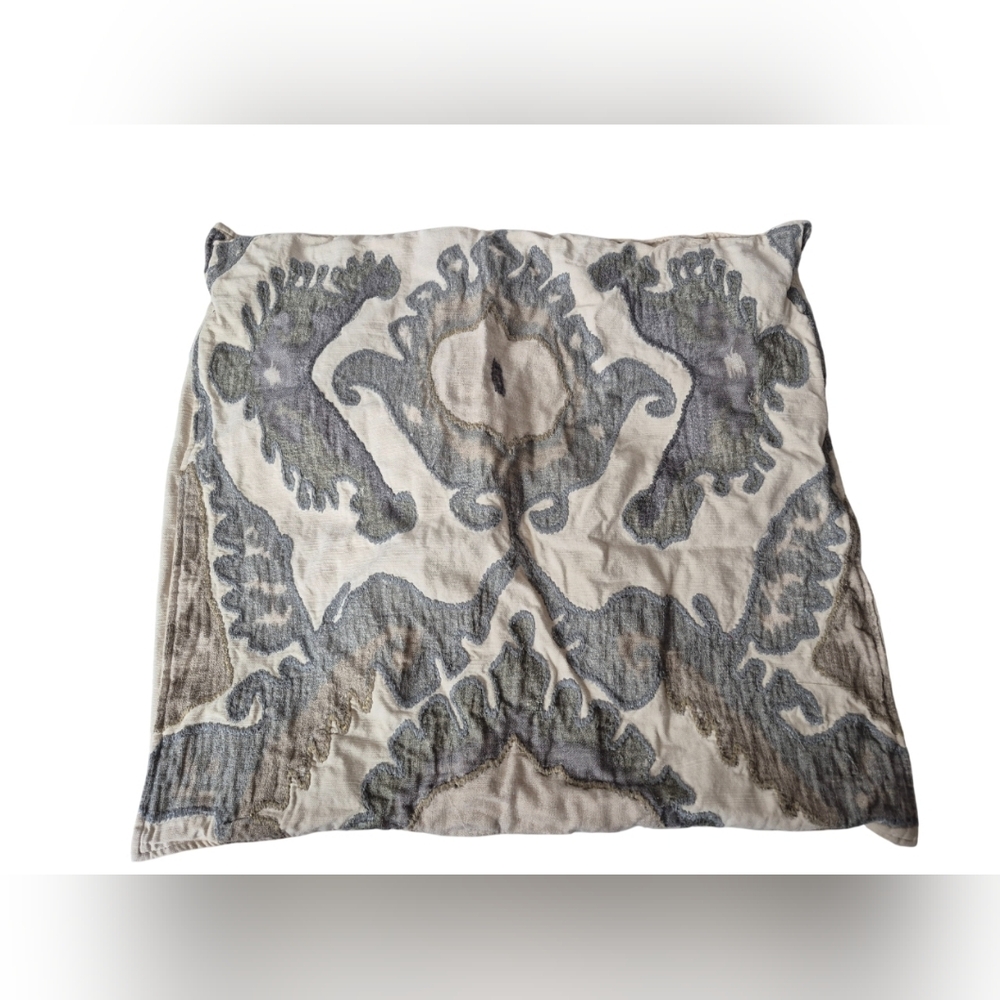 Pottery Barn Hudson Ikat Pillow Cover Tan Blue Gray 24 x 24 Embroidered